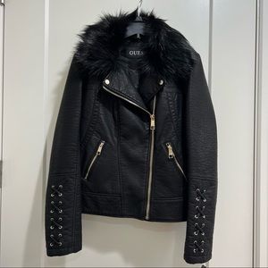 NWT Guess Black Leather Jacket with Removable Fur Collar
